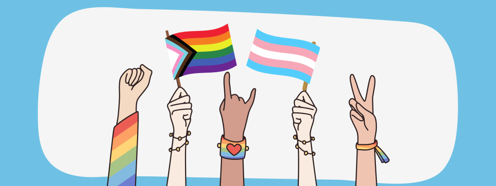 5 hands are raised in support of the LGBTQ community, holding a progress pride flag and a trans flag.